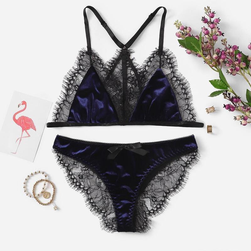 

Contrast Lace Velvet Lingerie Set, Navy