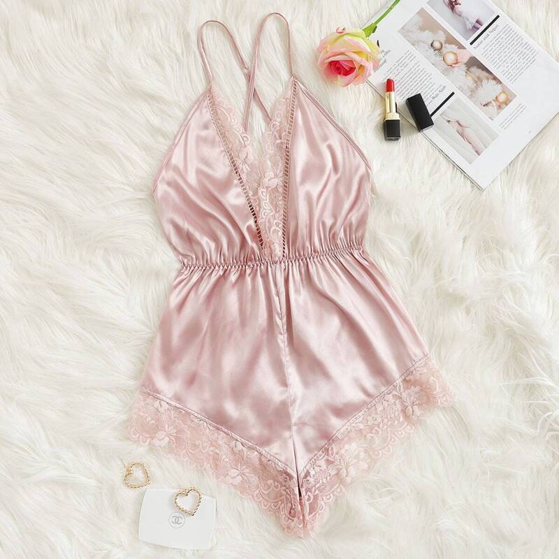 

Contrast Lace Criss Cross Satin Romper Bodysuit, Pink pastel