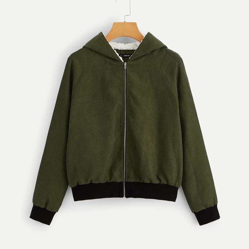 

Raglan Sleeve Corduroy Coat With Contrast Lined Hood, Army green