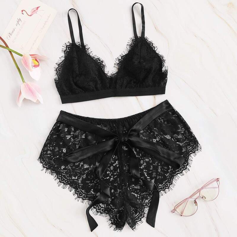 

Eyelash Lace Lingerie Set, Black
