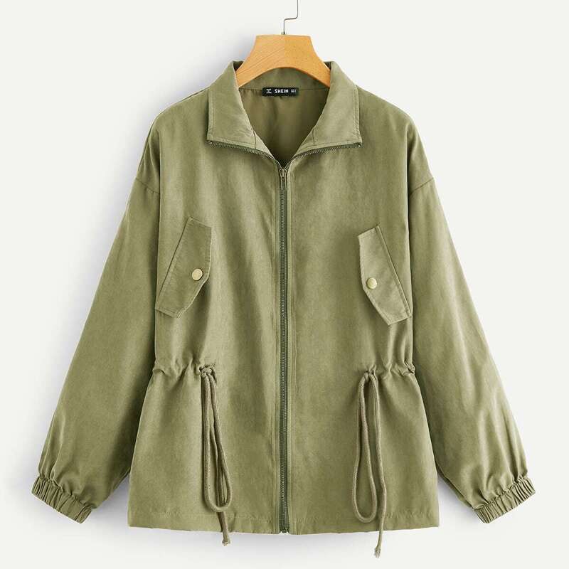 

Drop Shoulder Drawstring Waist Jacket, Army green