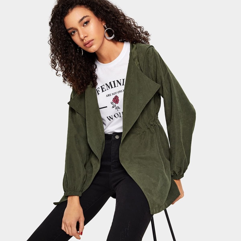 

Waterfall Drawstring Waist Hooded Coat, Green