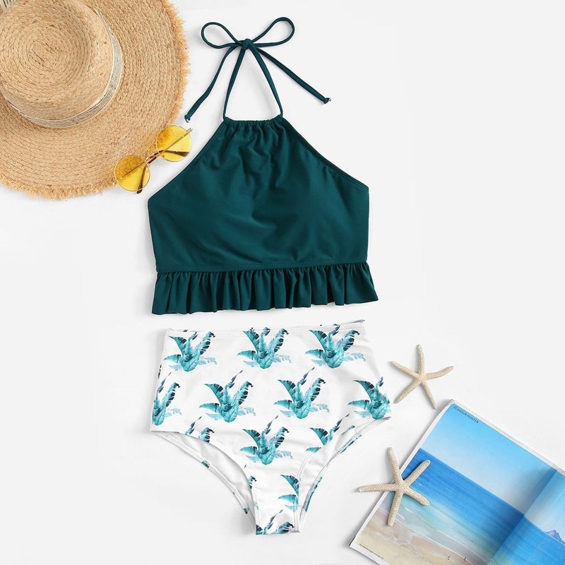 

Ruffle Hem Top With Random Leaf Bikini Set, Multicolor