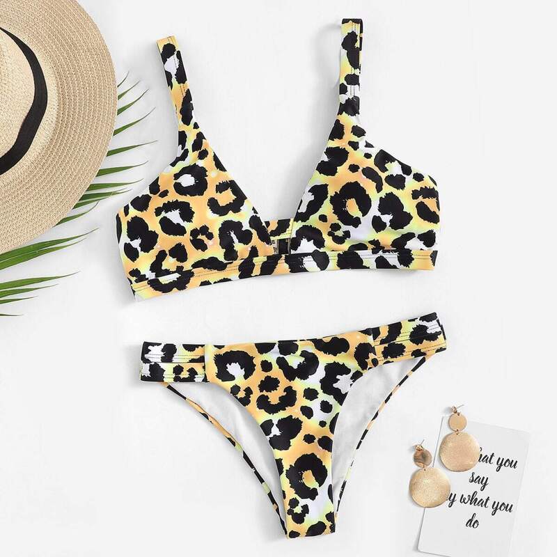 

Leopard Plunge Neck Top With Panty Bikini Set, Multicolor