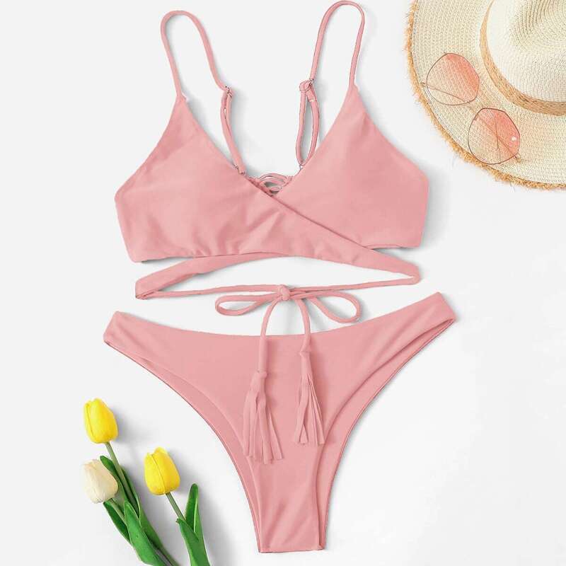 

Crochet Back Wrap Top With Panty Bikini Set, Pink