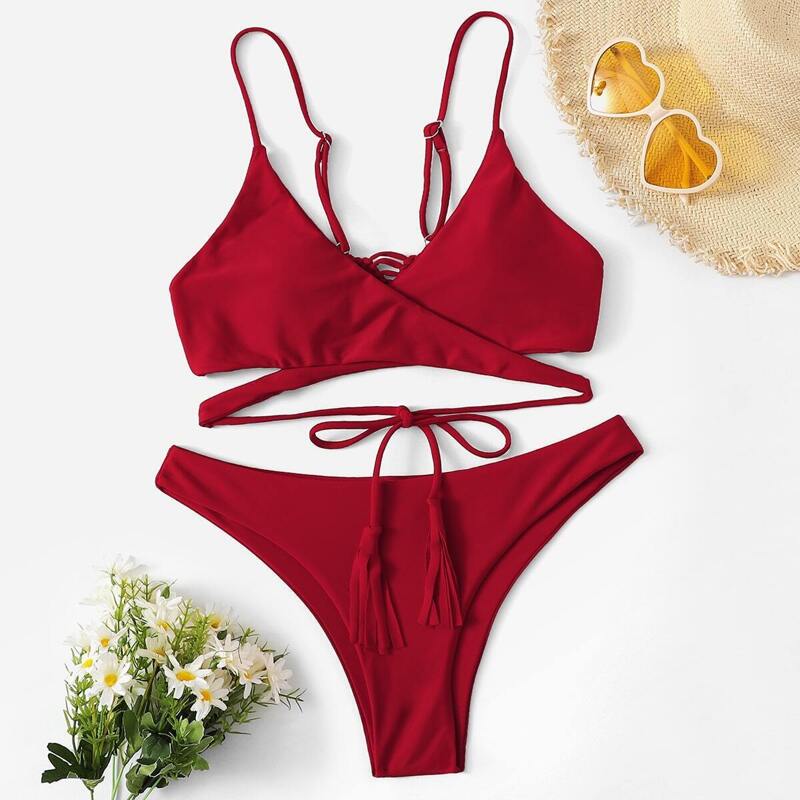 

Crochet Back Wrap Top With Panty Bikini Set, Red bright