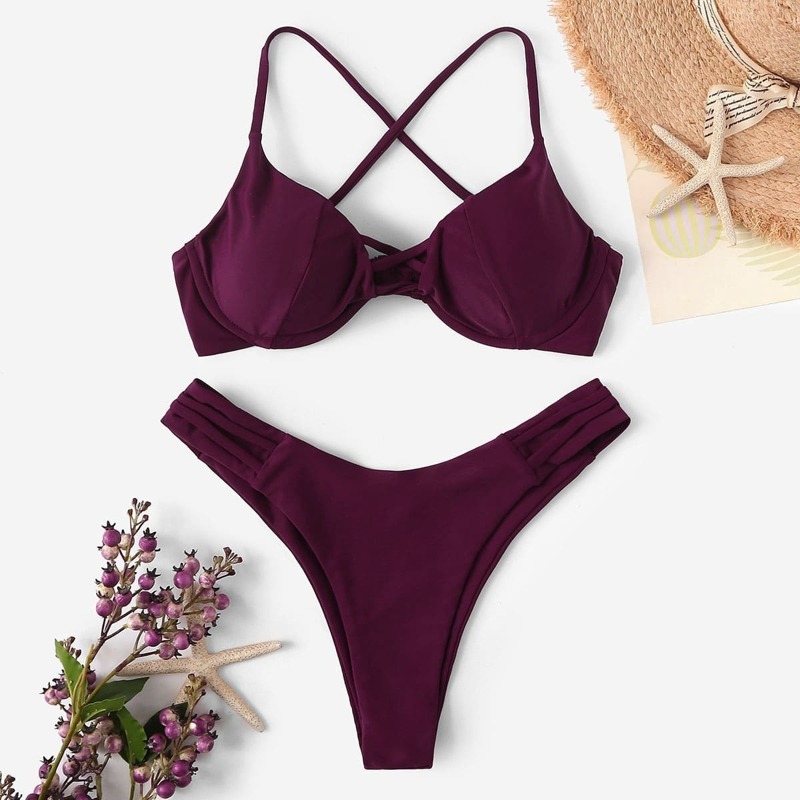 

Criss Cross Underwire Top With High Cut Bikini, Burgundy