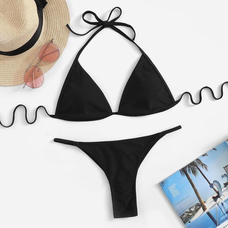 

Triangle Halter Top With Tanga Bikini Set, Black
