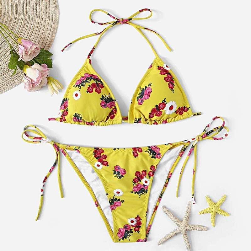 

Random Floral Halter Top With Tie Side Bikini Set, Yellow