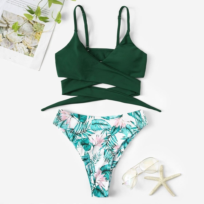 

Wrap Top With Random Palm Bikini Set, Multicolor