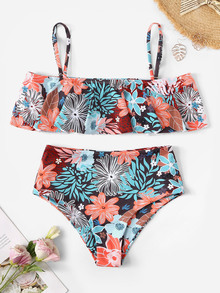 Random Floral Top With High Waist Bikini Set