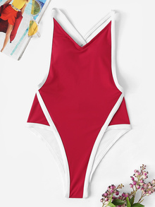 Contrast Piping Open Back One Piece Swimwear