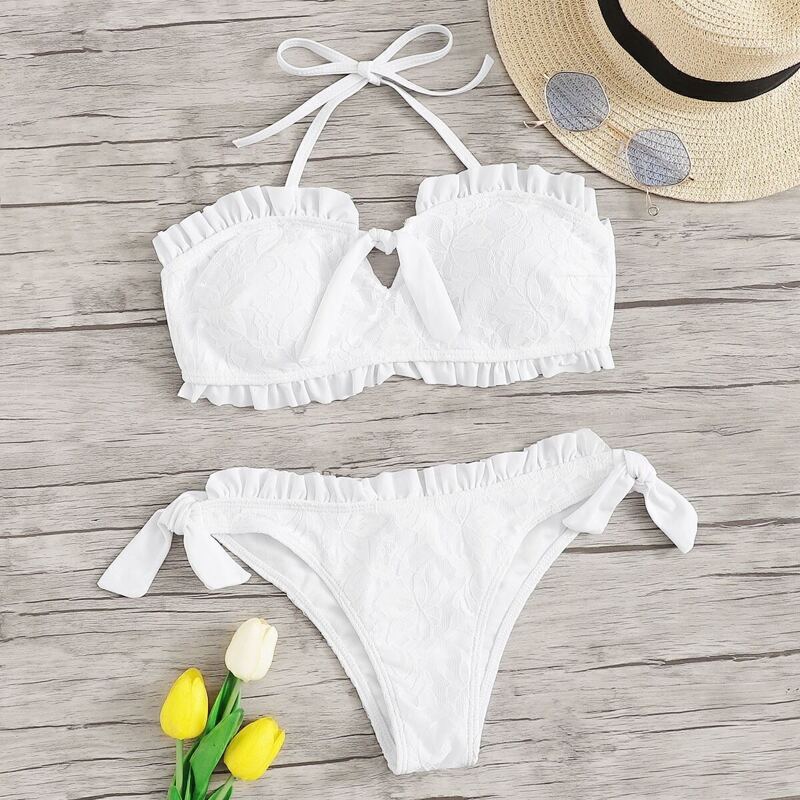 

Frill Trim Halter Top With Tie Side Bikini Set, White