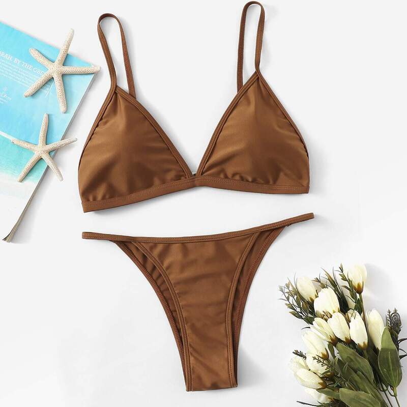 

Triangle Bra Top With Tanga Bikini Set, Brown