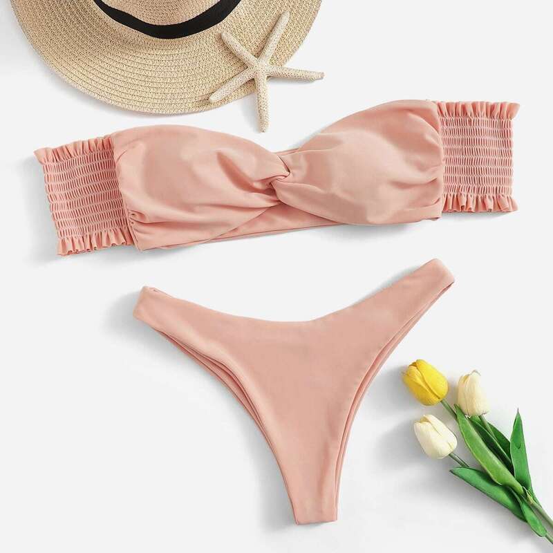 

Short Sleeve Bardot Top With Low Rise Bikini, Pink pastel