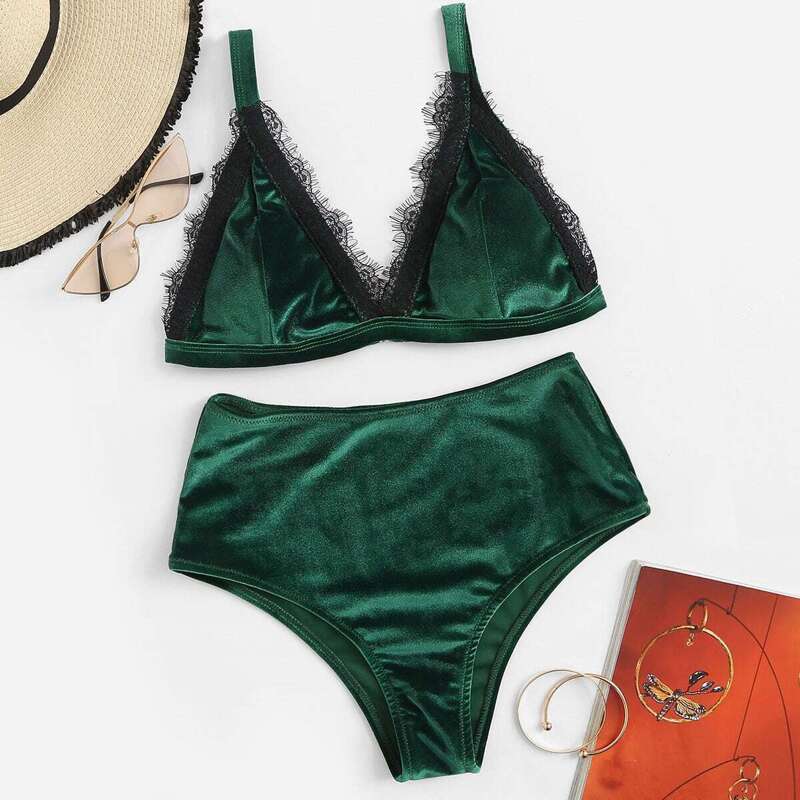 

Lace Detail Top With High Waist Bikini Set, Green