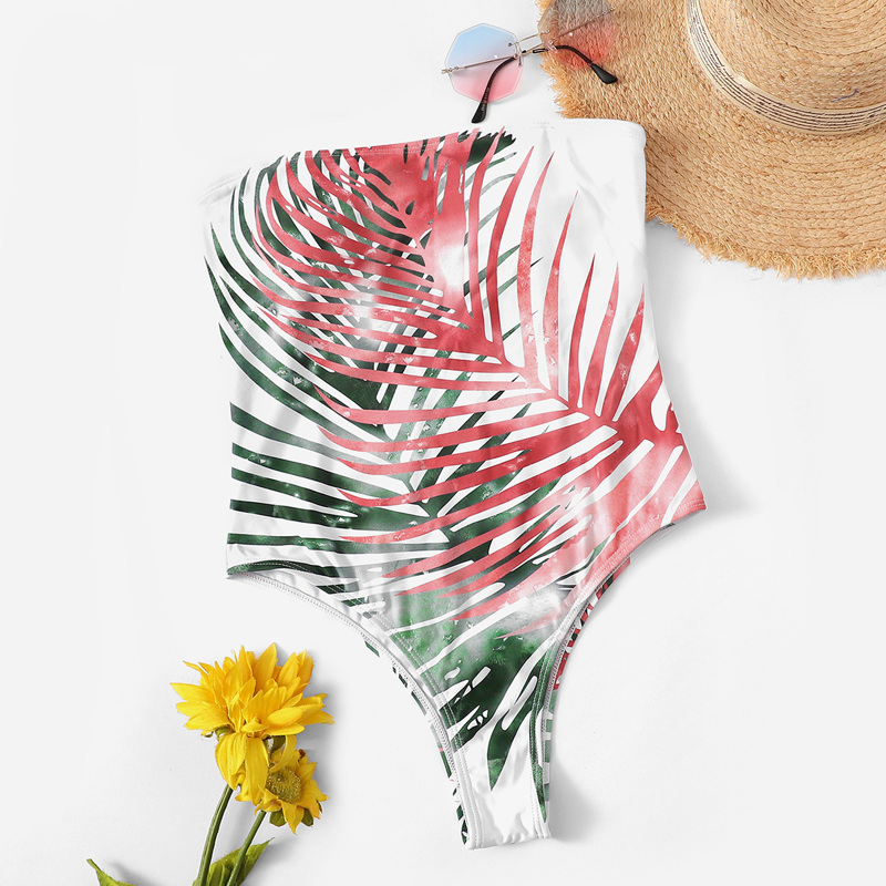 

Random Palm Leaf Print Bandeau One Piece Swimwear, Multicolor