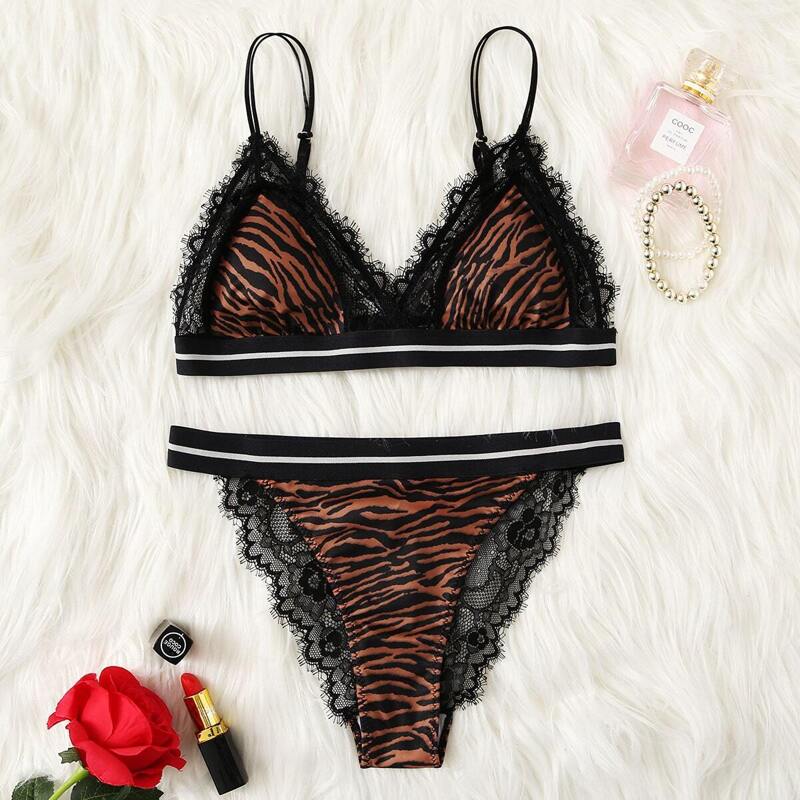 

Lace Trim Zebra Pattern Lingerie Set, Multicolor