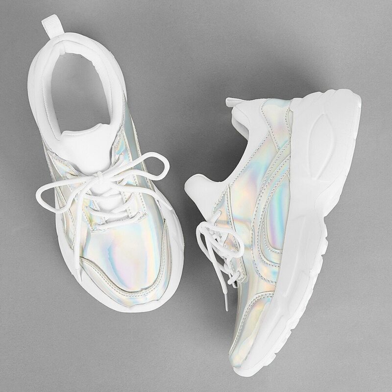 

Iridescent Lace-up Chunky Sneakers, Silver