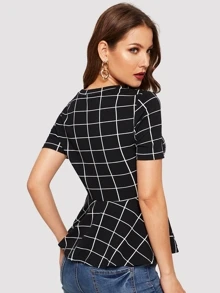 SHEIN Clasi Grid Print Peplum Hem Blouse - Black - View 2