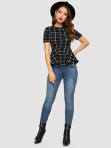 SHEIN Clasi Grid Print Peplum Hem Blouse - Black - View 3