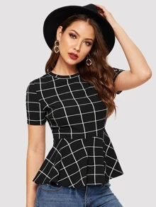 SHEIN Clasi Grid Print Peplum Hem Blouse - Black - View 4