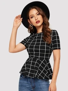 SHEIN Clasi Grid Print Peplum Hem Blouse - Black - View 1