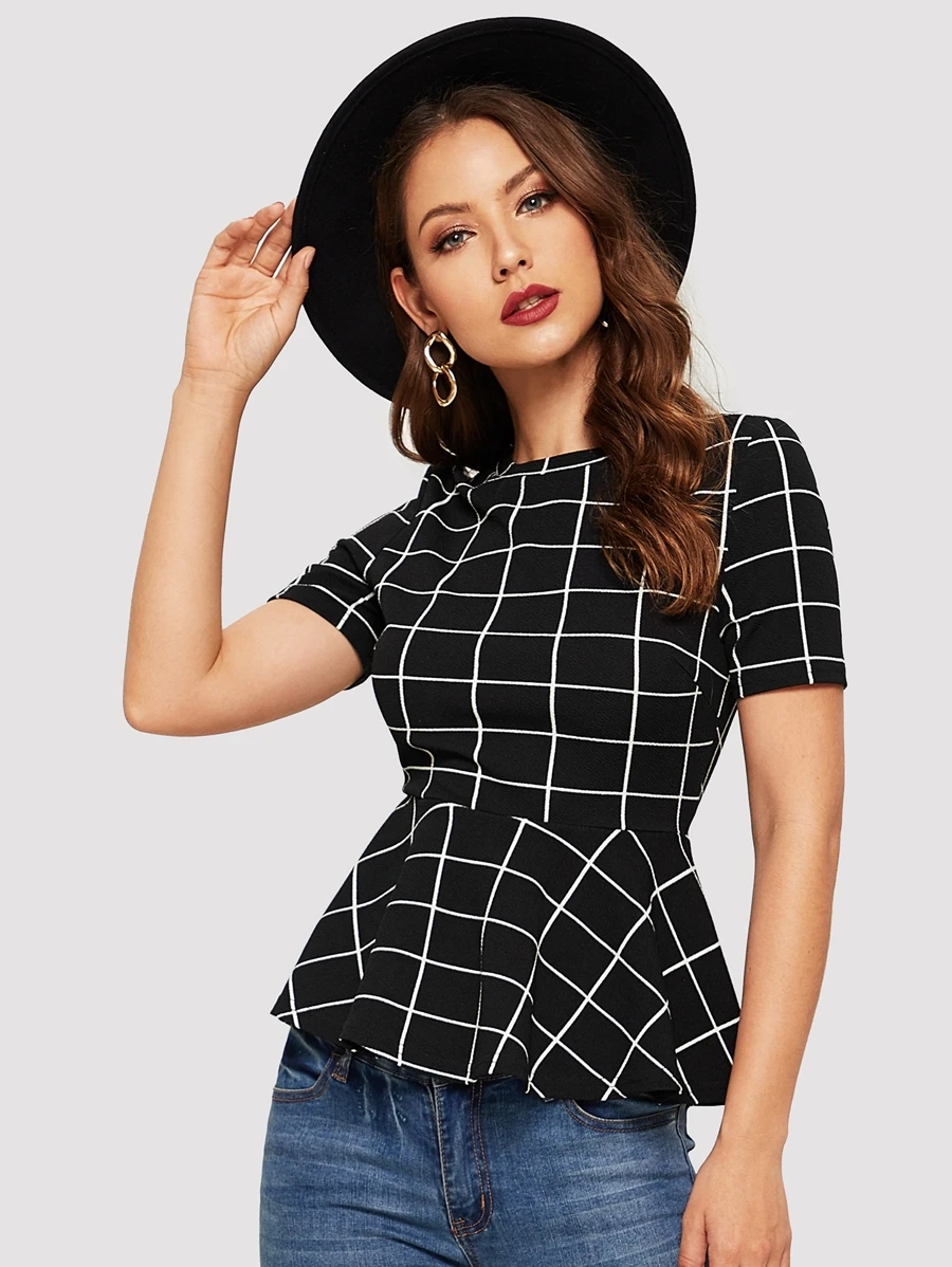 SHEIN Clasi Grid Print Peplum Hem Blouse - Black - View 1