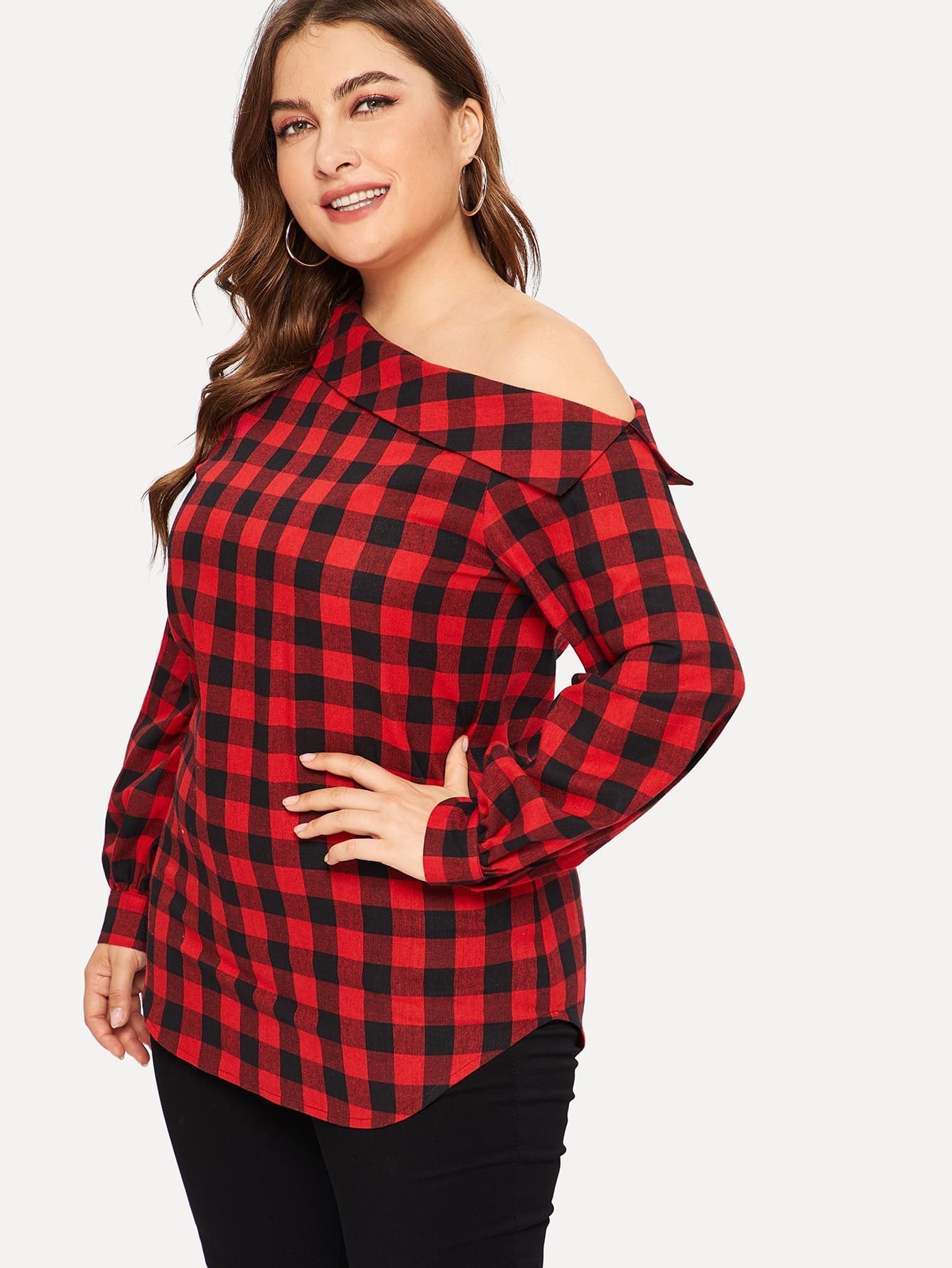 plus plaid asymmetrical neck blouse | shein uk