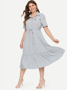 Plus Ruffle Hem Drawstring Waist Shirt Dress