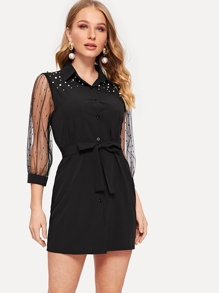 Lace Panel Cuff Pearls Beaded Belted Shirt Dress
