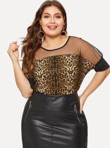 Plus Contrast Mesh Leopard Print Tee
