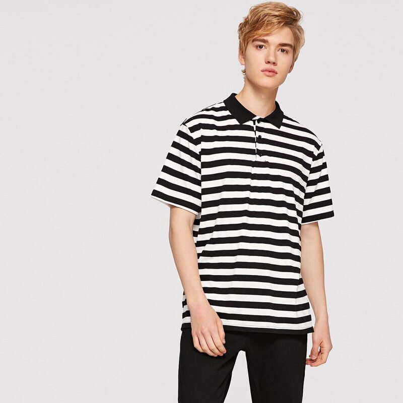 

Guys Two Tone Striped Polo Shirt, Black and white