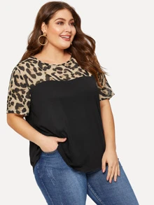SHEIN Plus Leopard Yoke Cut-and-sew Curved Hem T-shirt - Black - View 5