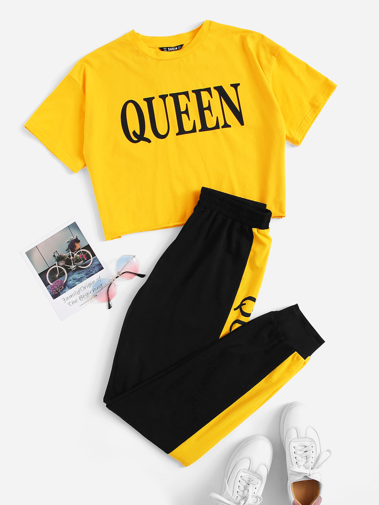 Letter Graphic Crop Top & Pants Set