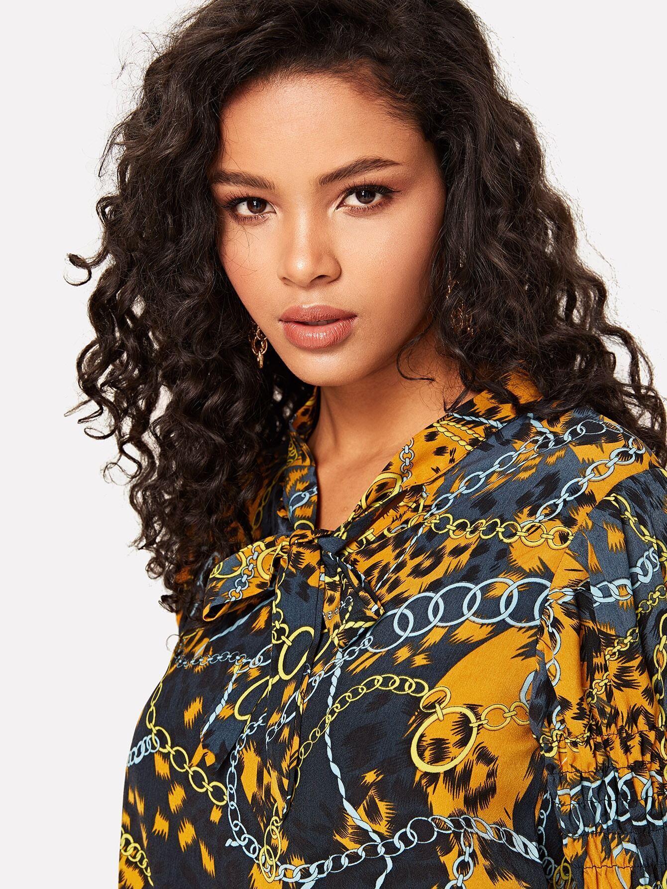 shein blouse imprimée avec nud et manches bouffantes