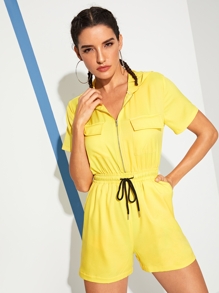 Zip Up Neck Drawstring Waist Utility Romper