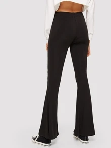 Solid High-Rise Flare Leg Trousers - Black - View 2