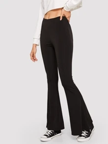 Solid High-Rise Flare Leg Trousers - Black - View 1