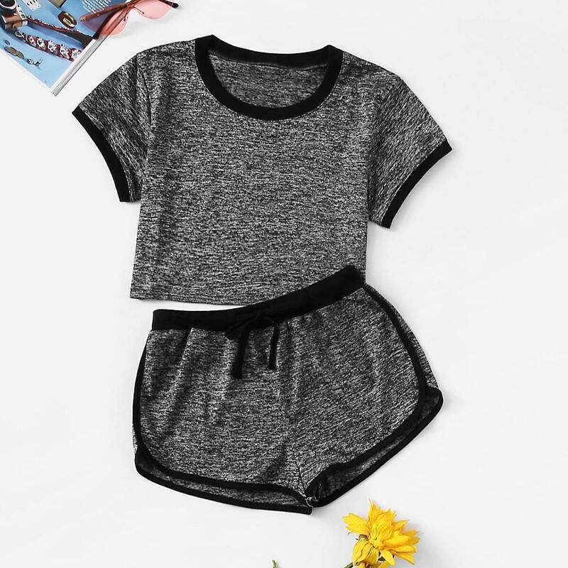 

Crop Tee With Drawstring Waist Shorts, Grey