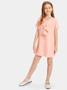 SHEIN Girls Dresses Dây kéo màu trơn Hồng Casual - Màu Hồng baby - Xem 3