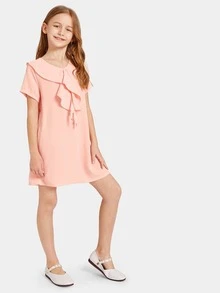 SHEIN Girls Dresses Dây kéo màu trơn Hồng Casual - Màu Hồng baby - Xem 5