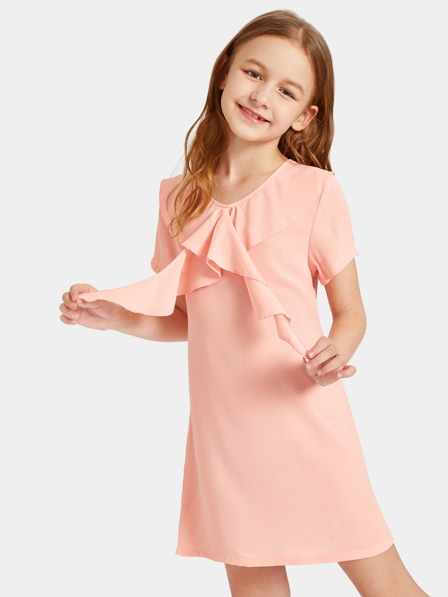 SHEIN Girls Dresses Dây kéo màu trơn Hồng Casual - Màu Hồng baby - Xem 1