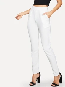 SHEIN Privé Pocket Side Solid Textured Pants - White - View 1