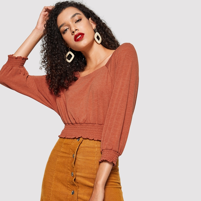 

Raglan Sleeve Shirred Hem & Cuff Tee, Red