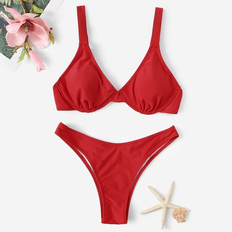 

Ruched Underwire Top With High Cut Bikini, Red bright