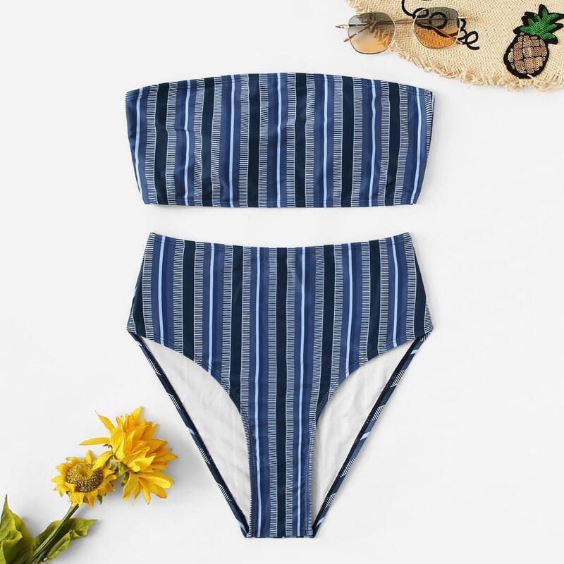 

Striped Bandeau With High Waist Bikini Set, Multicolor