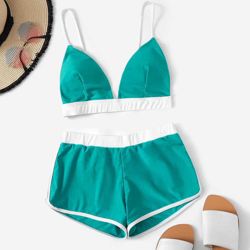 

Contrast Trim Seam Top With Shorts Bikini, Green