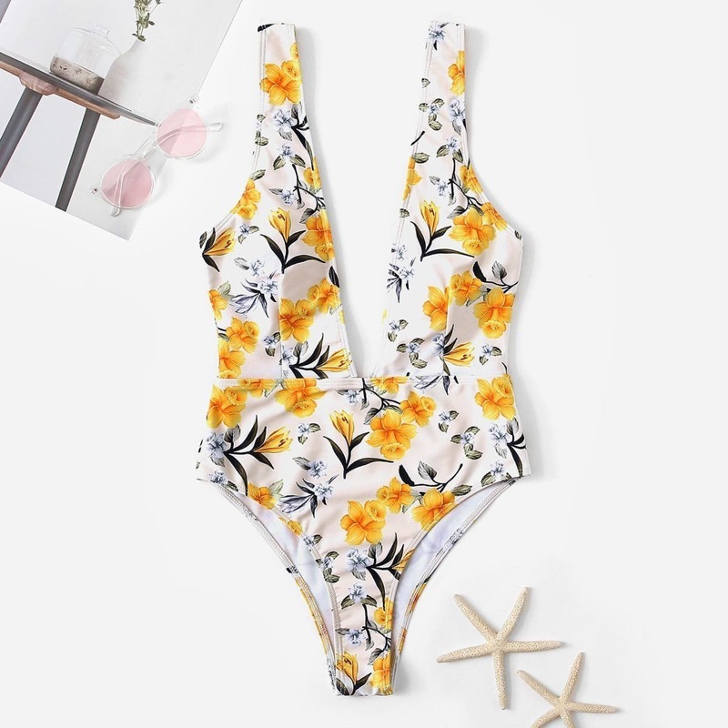 

Random Flower Print Plunge One Piece Swimsuit, Multicolor