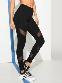 SHEIN Privé 纯色拼接網紗緊身褲 - 黑色 - 查看 3